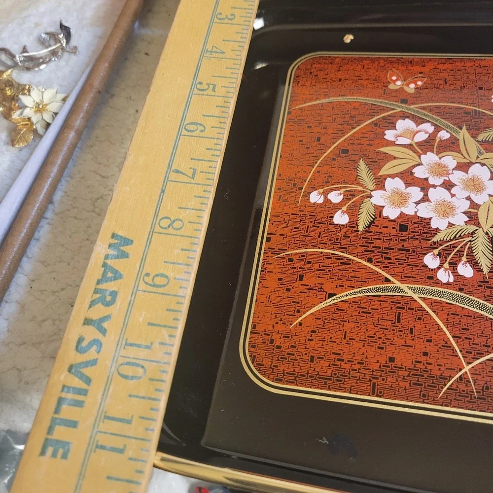 Vintage Toyo Japan 3pc Nested Lacquer Serving Tray Set Floral Butterflies Box